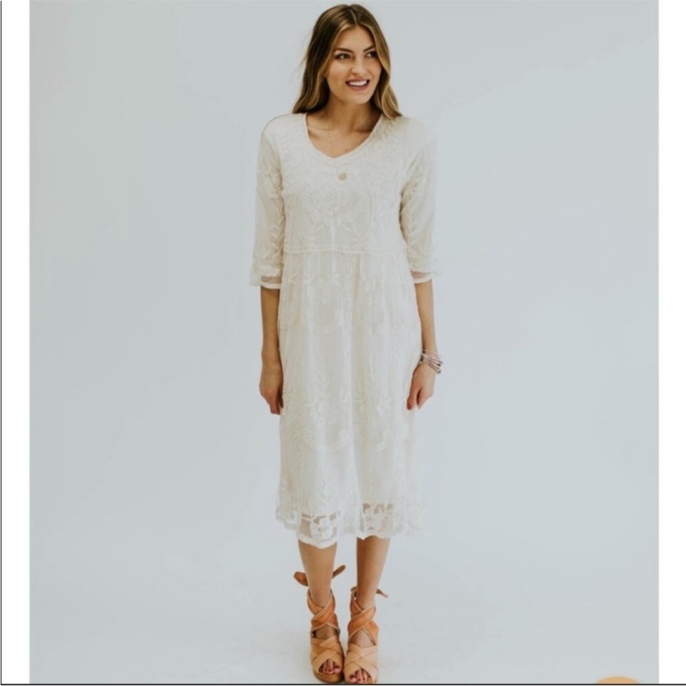 Roolee Cream Lace Midi Dress